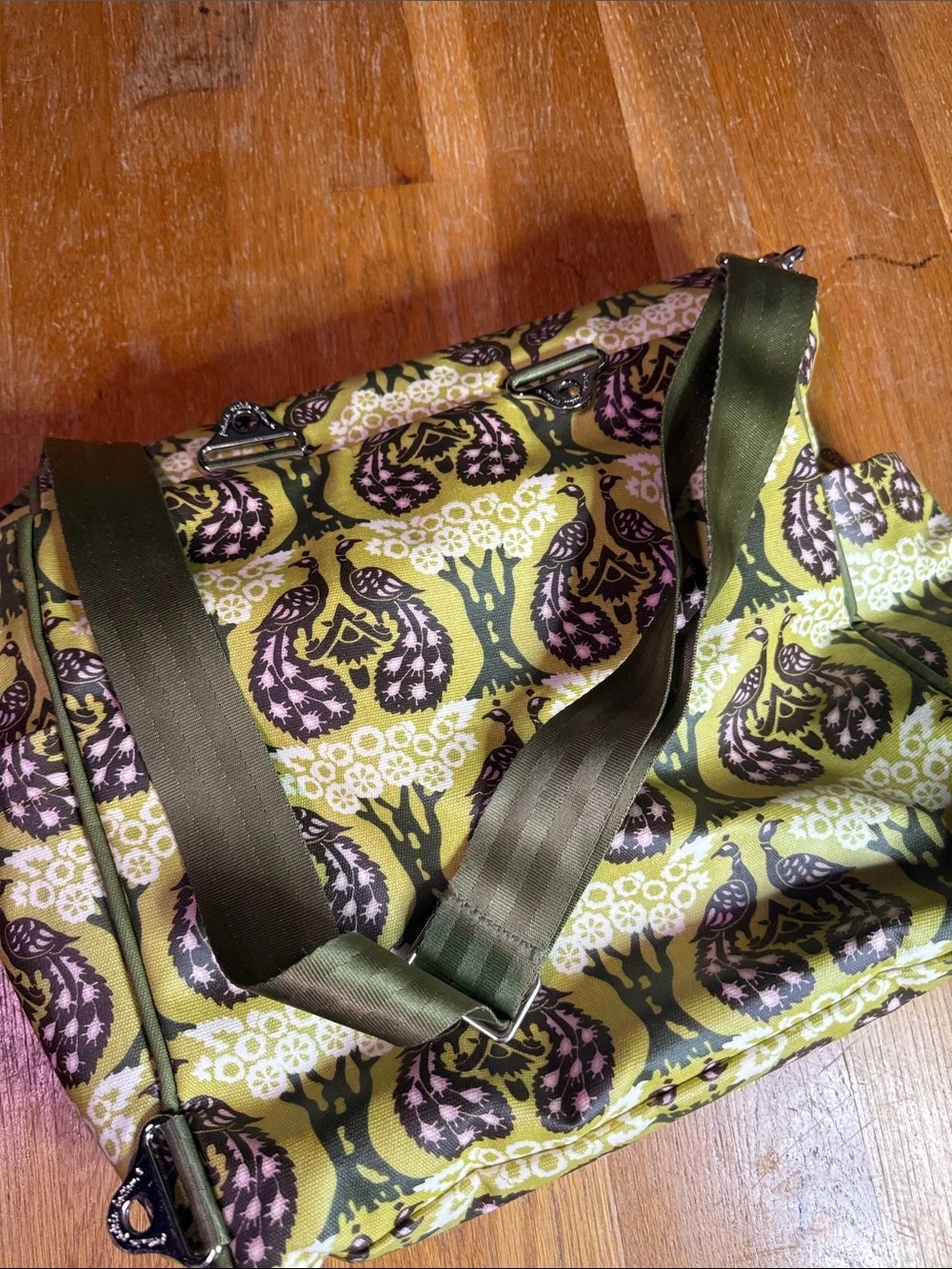 Petunia Pickle Bottom Olive Green Printed Messenger Bag with Pink Accents
